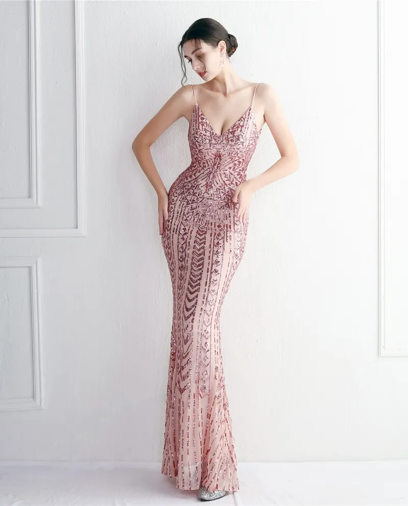 19329positioning Flower Suspender Party Sequin Dress Long Section Banquet Slim Evening Dress Temperament Mermaid Skirt