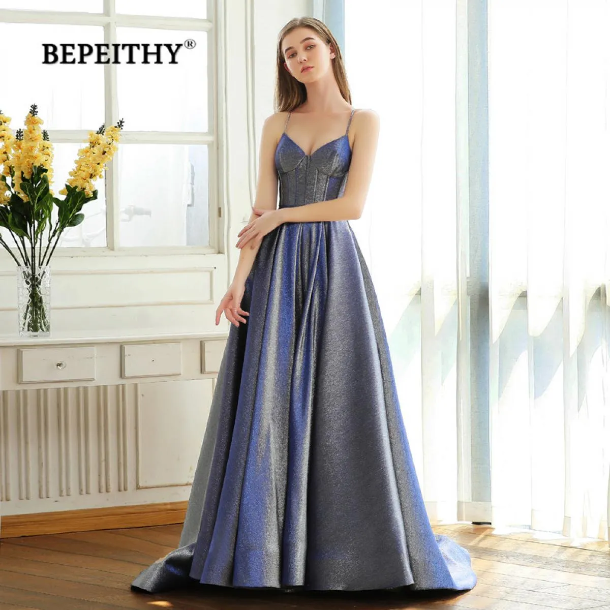 Bepeithy Nuovo Design A Line Sparkle Abiti da sera Lunghi Sweep Train Glitter Elegante Party Prom Dress Robe De Soiree Hot