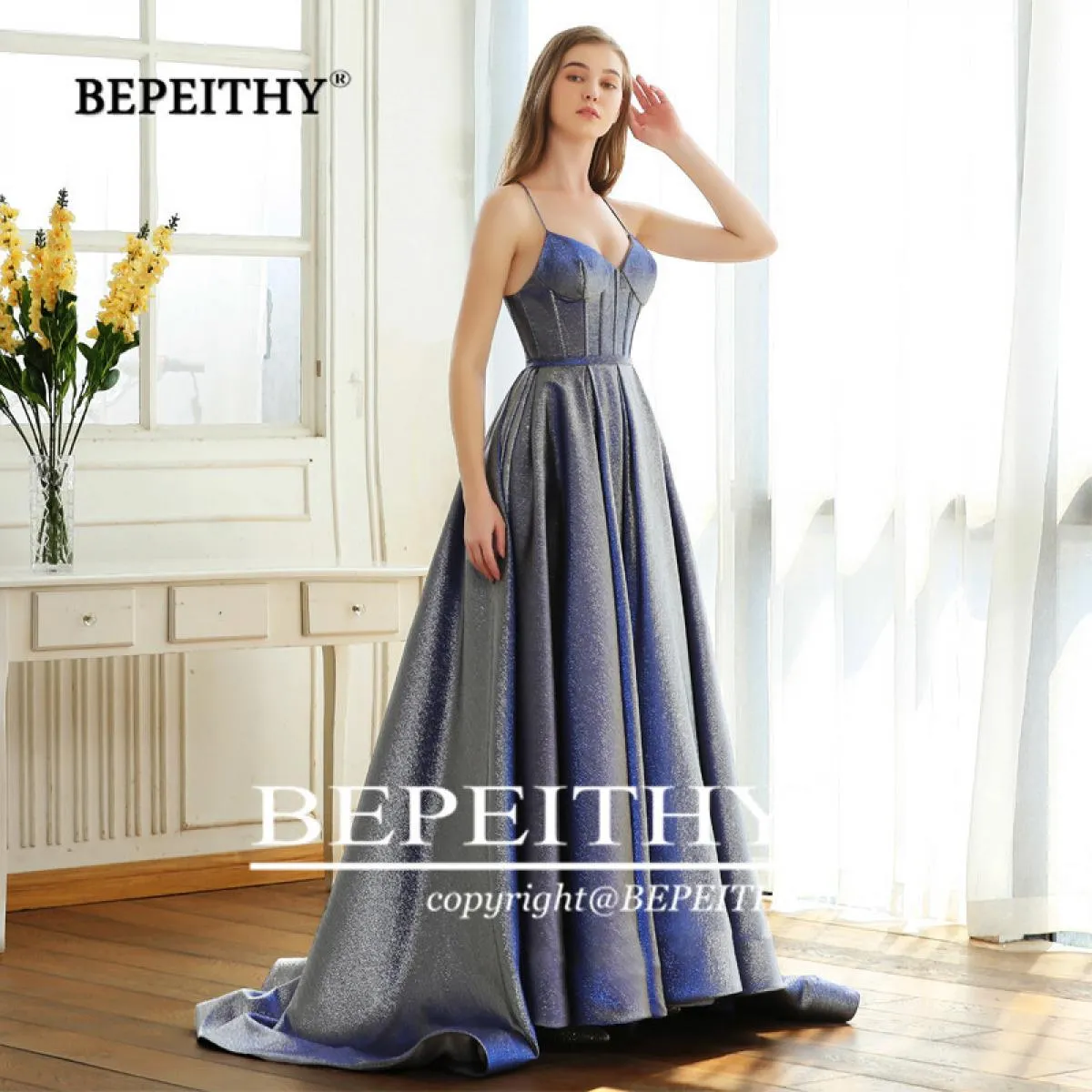 Bepeithy Nuovo Design A Line Sparkle Abiti da sera Lunghi Sweep Train Glitter Elegante Party Prom Dress Robe De Soiree Hot