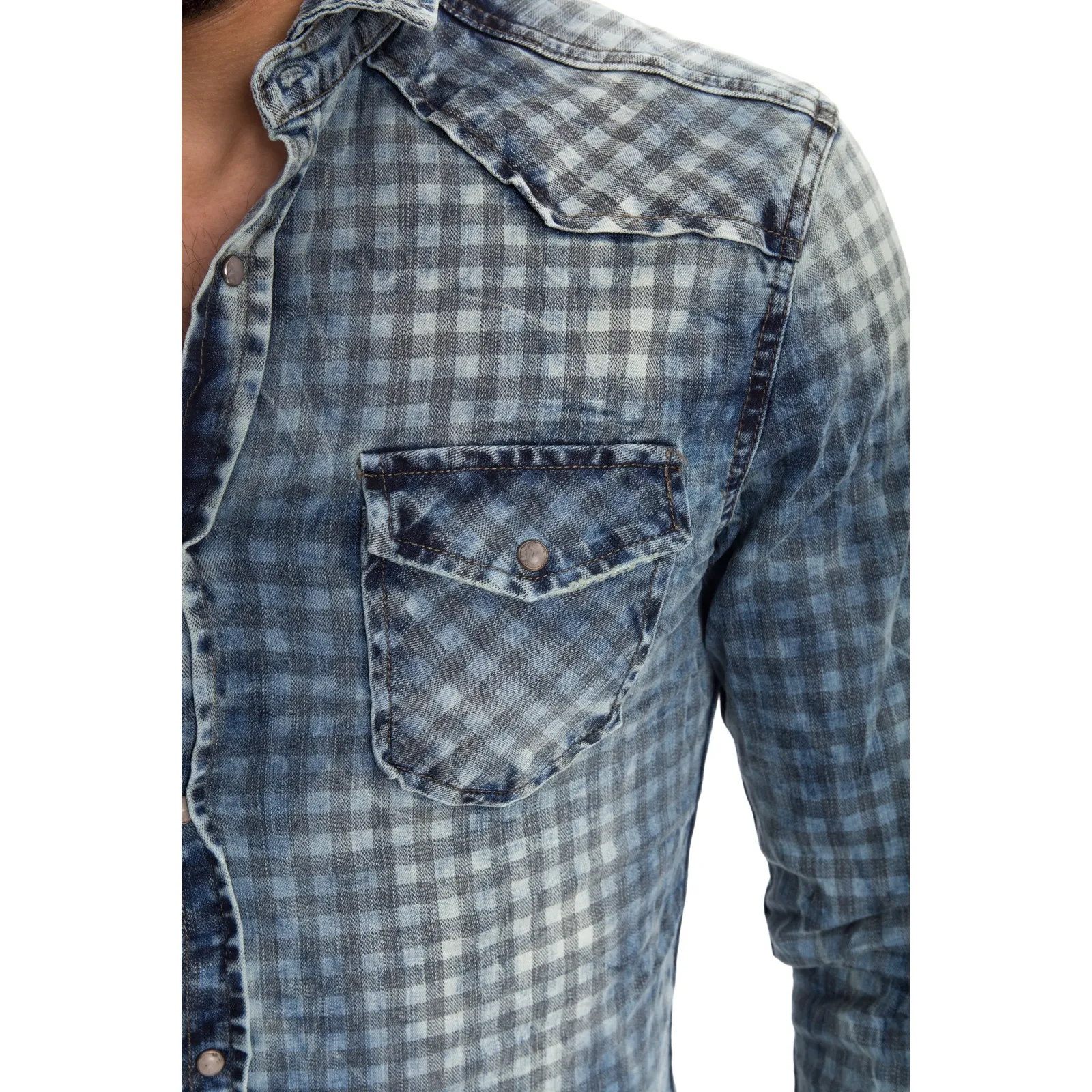 Camicia jeans UOMO con stampa quadretti BLU CJ-9023