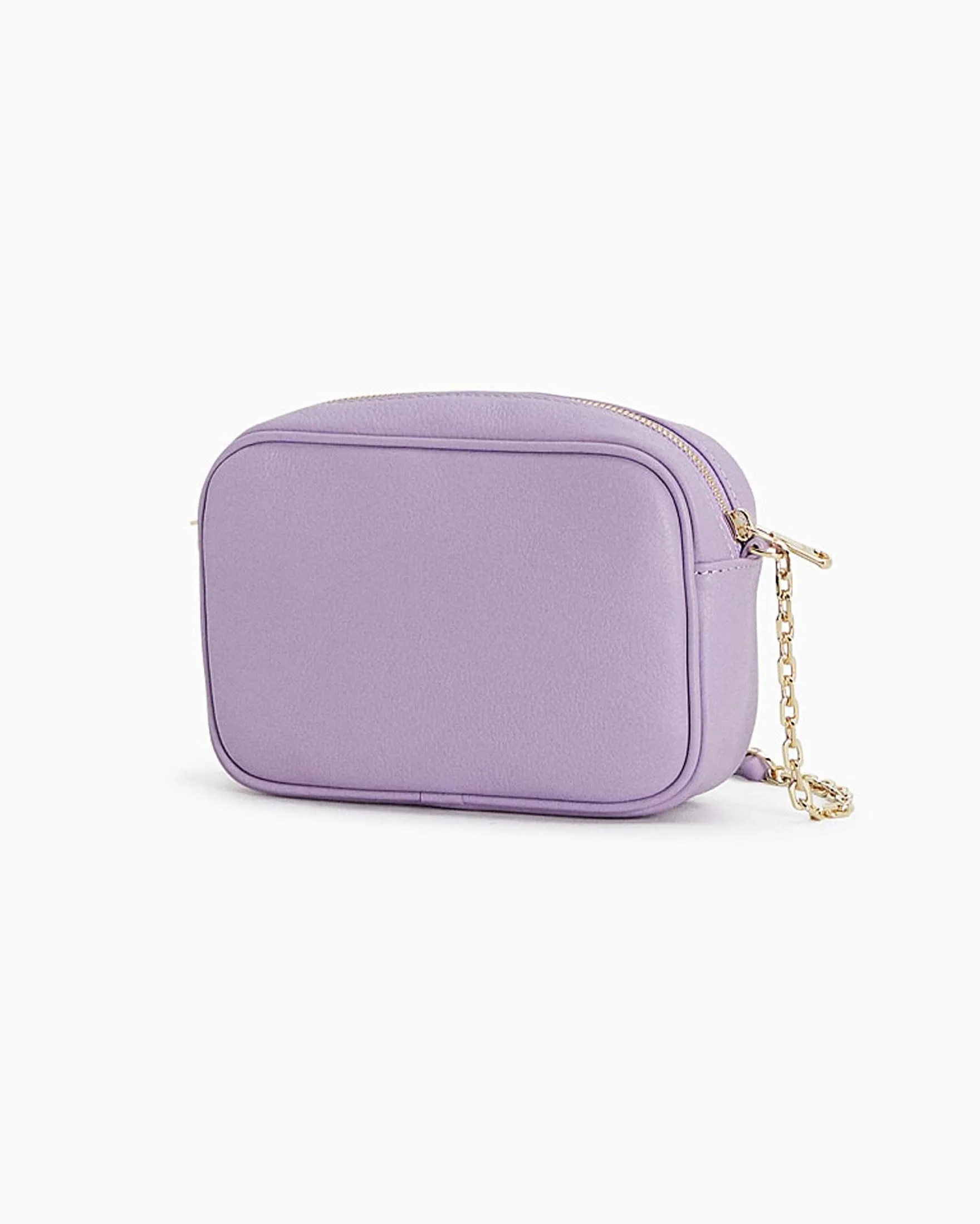 Cross bag lilla in pelle con catena dorata regolabile e scritta logo dorata sul davanti