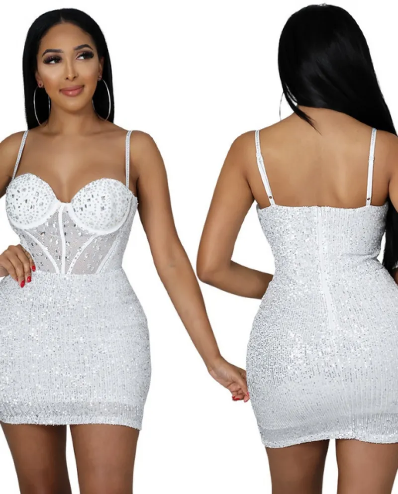 Cutuly Diamonds Dress Short Lady Bodycon Party Bead Abiti da donna con scollo a V senza maniche Clubwear Vestido Clothes Y