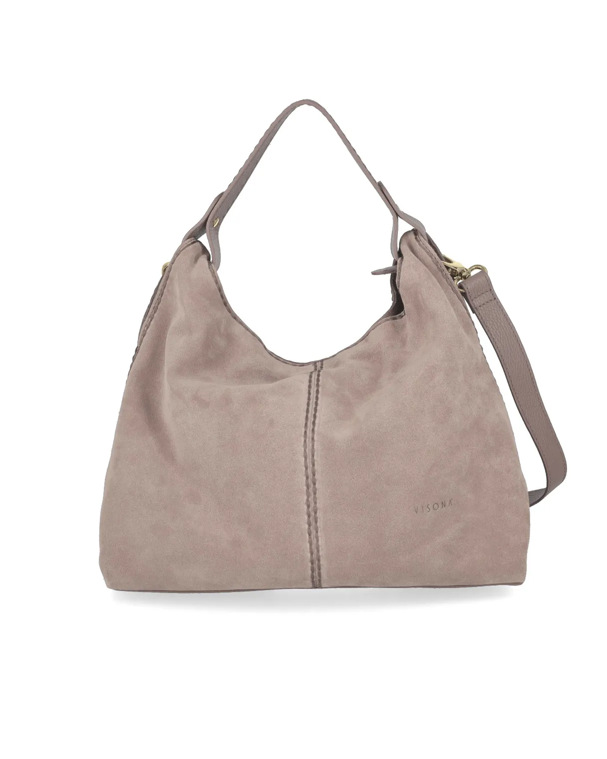 Hobo bag in pelle scamosciata ed effetto martellato color taupe con tracolla staccabile