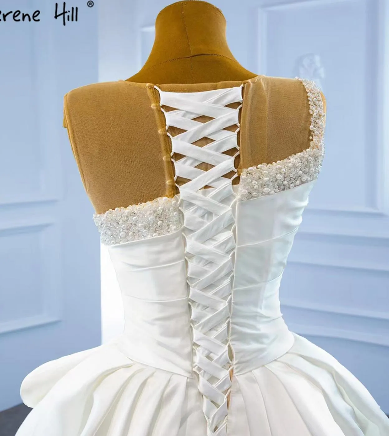 Serene Hill White Satin High Split Wedding Dresses  Beading Pearls  With Train Bridal Dress Hm67252 Custom Made  Wedding