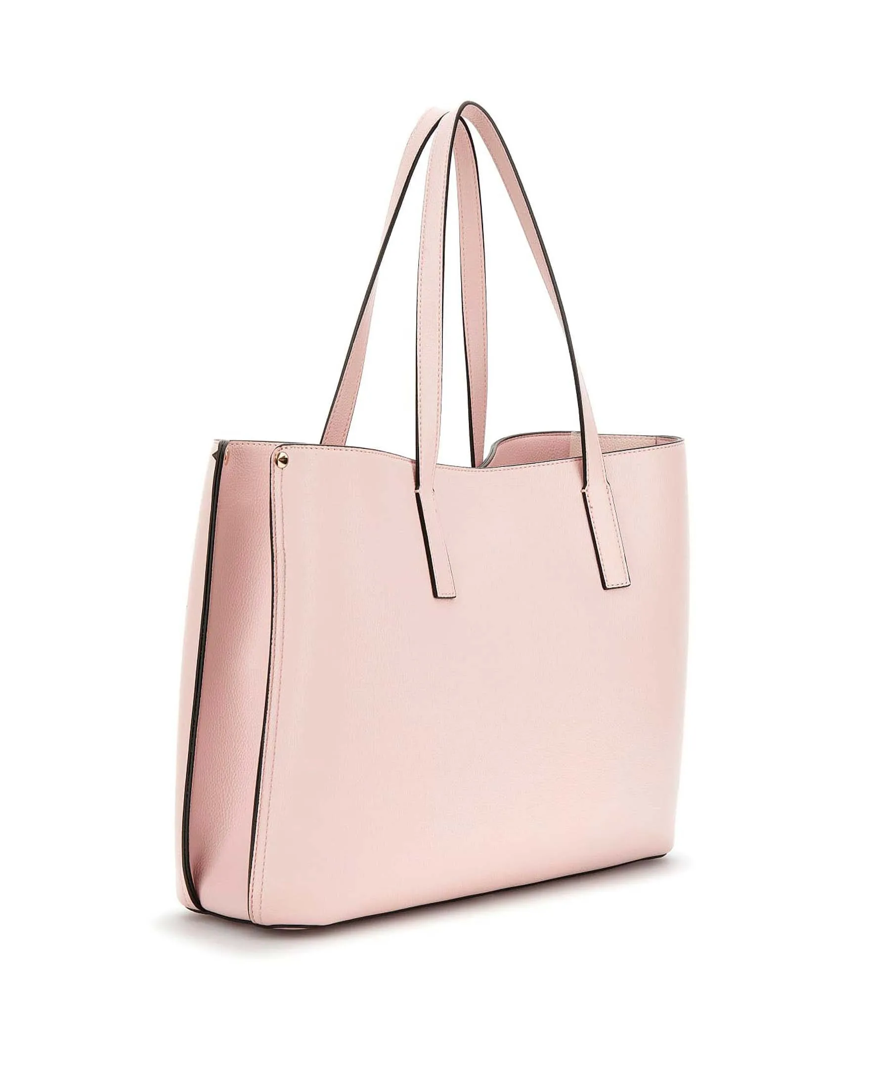 Shopping bag color cipria in similpelle martellata con placca logo triangolare frontale e charms sul manico
