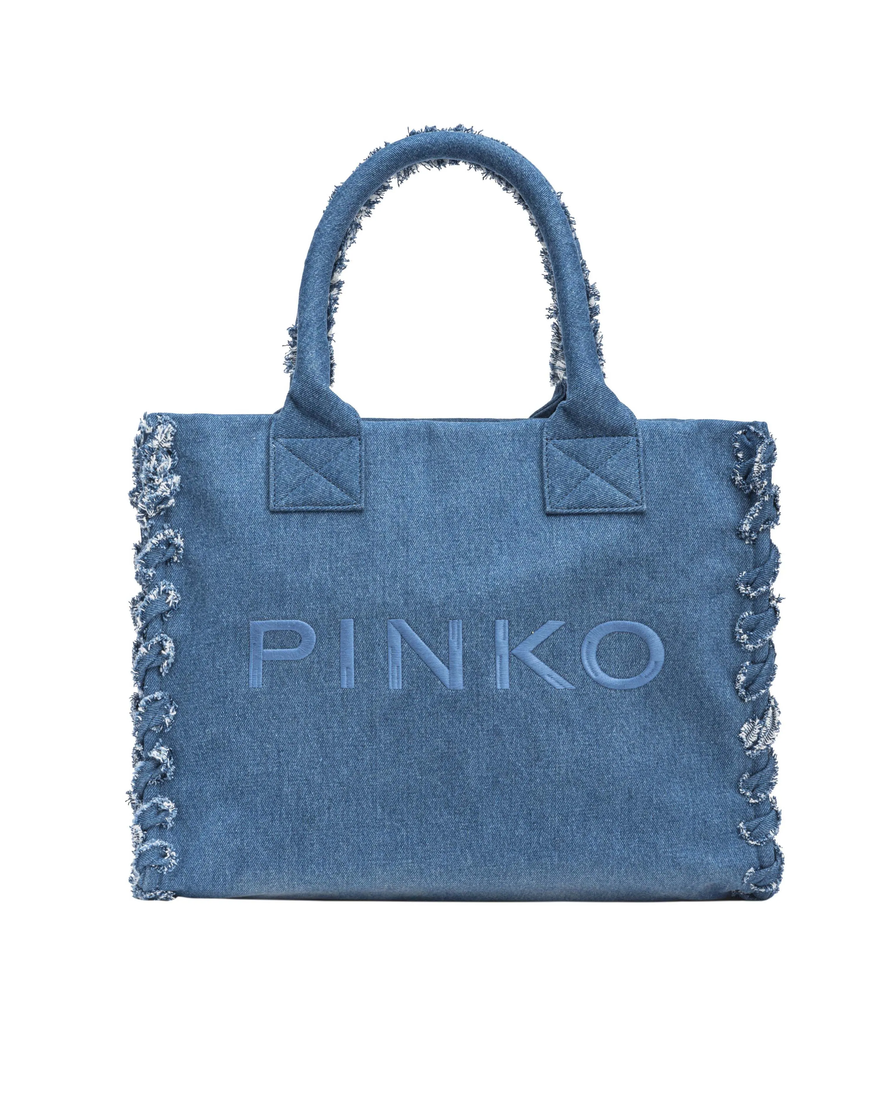Shopping bag in denim blu di cotone con scritta logo ricamata tono su tono e motivo intrecciato ai lati