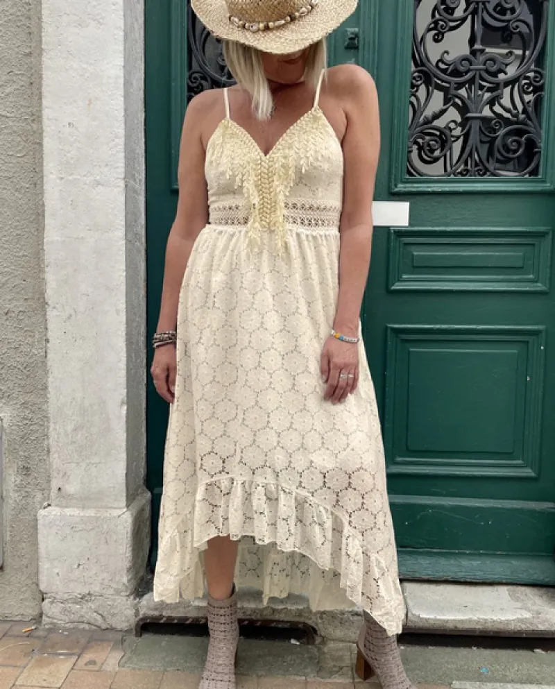 Summer Women Fashion Sling V Neck Backless Irregular Dress Solid Lace Ricamo Dress Lady Elegante senza maniche Hollow D